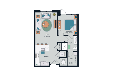 Floor plan for 1 bed, 1 bath, 775 sqft